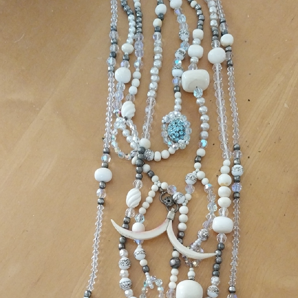 Chic Multi-Strand Bone, Crystal, Silver Necklace